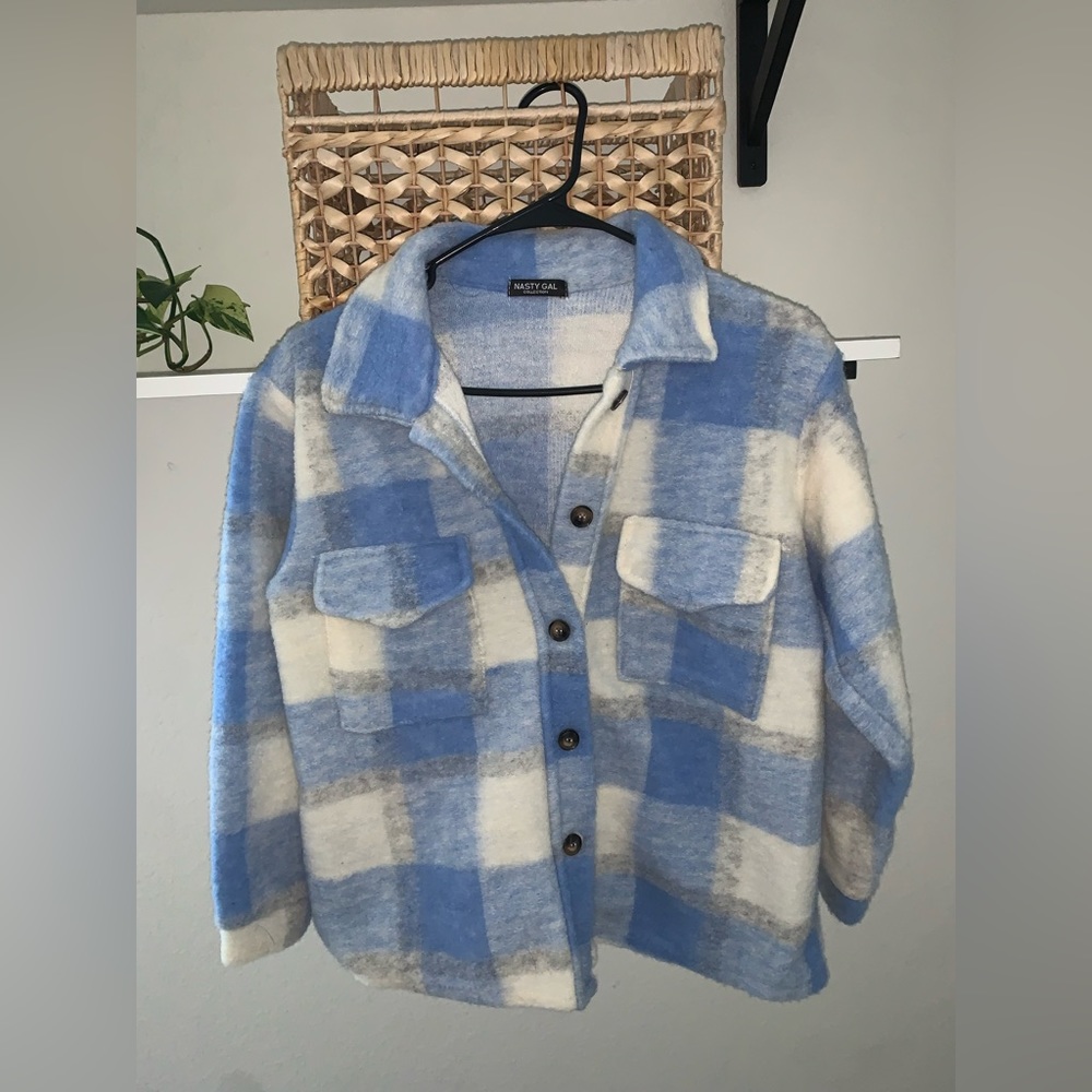 Nasty Gal Baby Blue & White Flannel Wool Blend Jacket Large